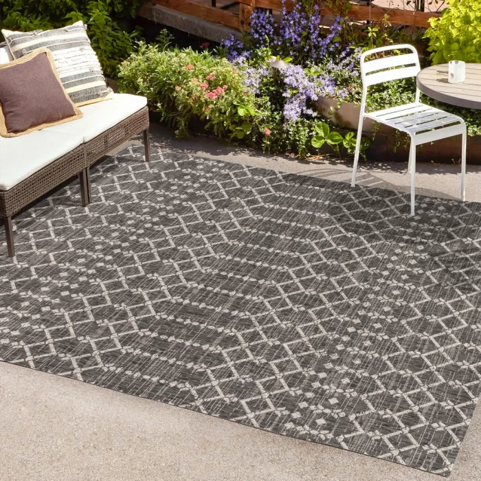 Ourika Moroccan Geometric Textured Weave Black/Gray 8 ft. x 10 ft. Indoor/Outdoor Area Rug
