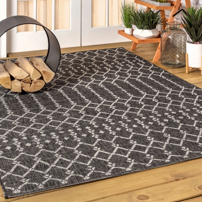 Ourika Moroccan Geometric Textured Weave Black/Gray 8 ft. x 10 ft. Indoor/Outdoor Area Rug