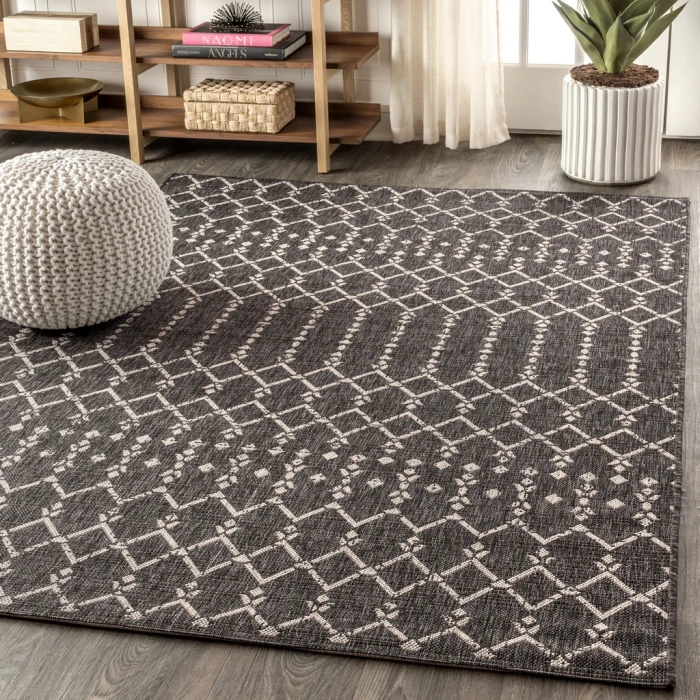 Ourika Moroccan Geometric Textured Weave Black/Gray 8 ft. x 10 ft. Indoor/Outdoor Area Rug