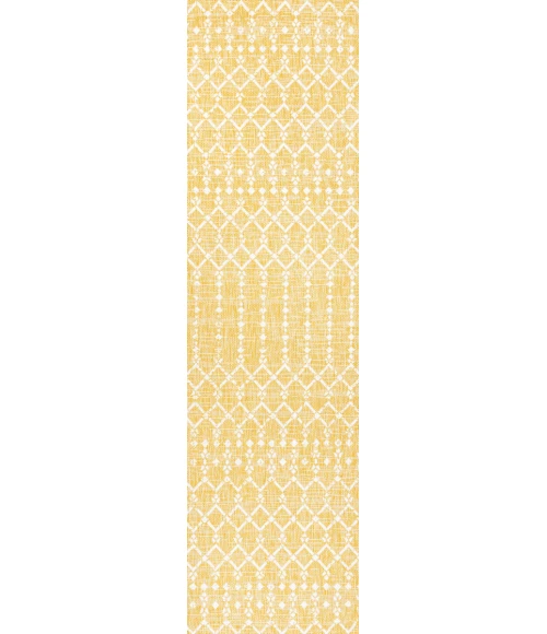 Ourika Moroccan Geometric Textured Weave Yellow/Cream 2 ft. x 10 ft. Indoor/Outdoor Runner Rug