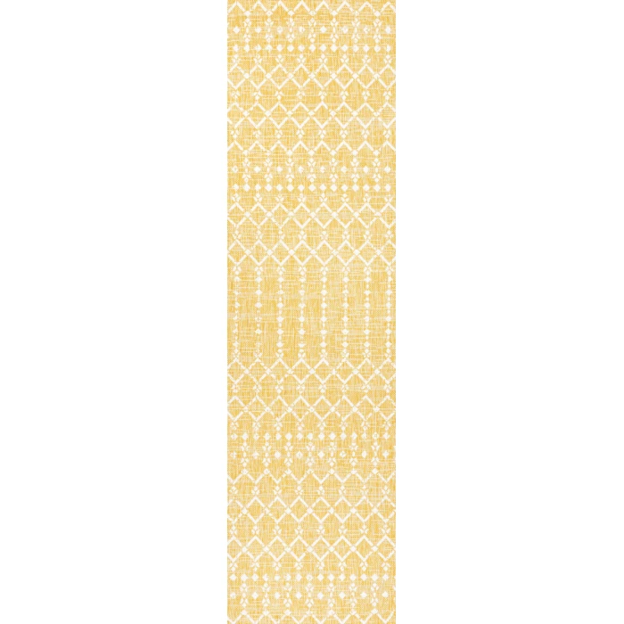 Ourika Moroccan Geometric Textured Weave Yellow/Cream 2 ft. x 8 ft. Indoor/Outdoor Runner Rug
