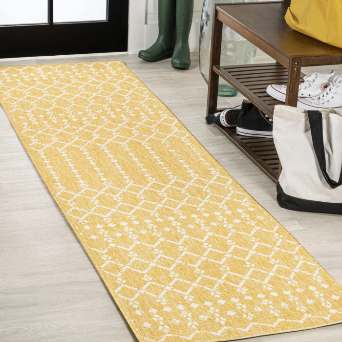 Ourika Moroccan Geometric Textured Weave Yellow/Cream 2 ft. x 8 ft. Indoor/Outdoor Runner Rug