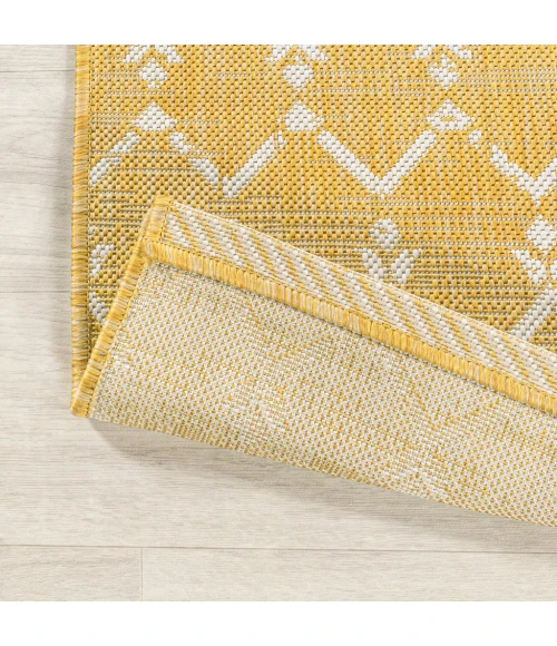 Ourika Moroccan Geometric Textured Weave Yellow/Cream 2 ft. x 10 ft. Indoor/Outdoor Runner Rug