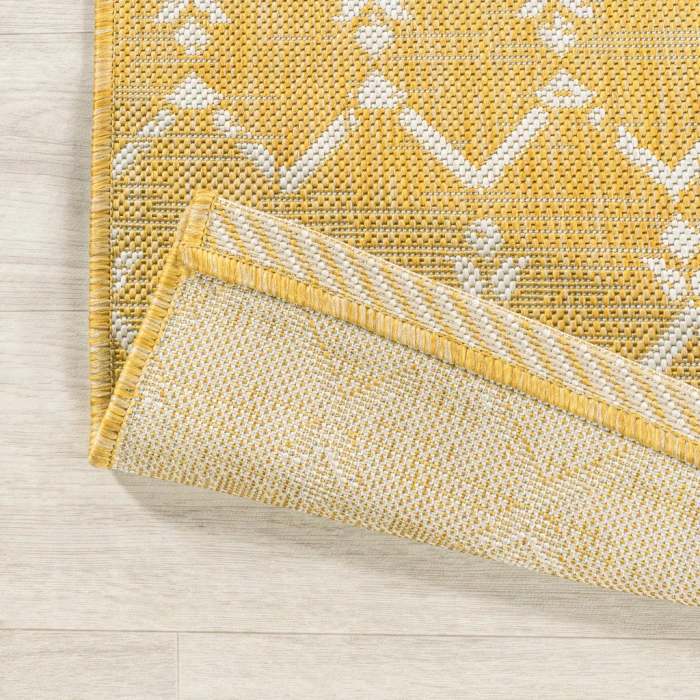 Ourika Moroccan Geometric Textured Weave Yellow/Cream 2 ft. x 8 ft. Indoor/Outdoor Runner Rug