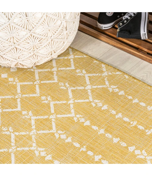 Ourika Moroccan Geometric Textured Weave Yellow/Cream 2 ft. x 10 ft. Indoor/Outdoor Runner Rug