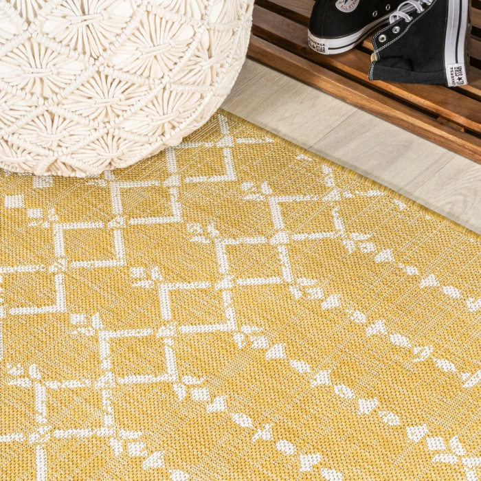 Ourika Moroccan Geometric Textured Weave Yellow/Cream 2 ft. x 8 ft. Indoor/Outdoor Runner Rug