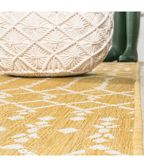 Ourika Moroccan Geometric Textured Weave Yellow/Cream 2 ft. x 10 ft. Indoor/Outdoor Runner Rug