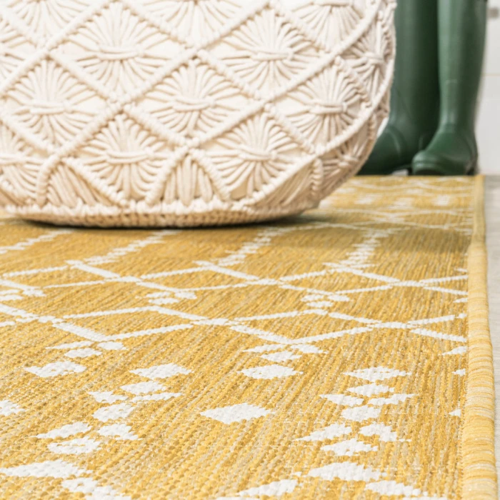 Ourika Moroccan Geometric Textured Weave Yellow/Cream 2 ft. x 8 ft. Indoor/Outdoor Runner Rug