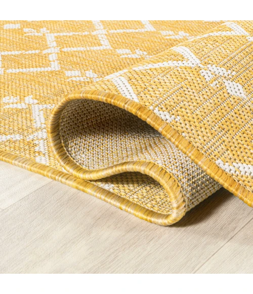 Ourika Moroccan Geometric Textured Weave Yellow/Cream 2 ft. x 10 ft. Indoor/Outdoor Runner Rug