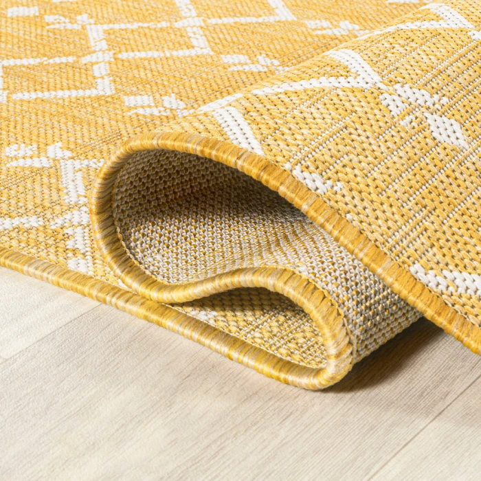 Ourika Moroccan Geometric Textured Weave Yellow/Cream 2 ft. x 8 ft. Indoor/Outdoor Runner Rug