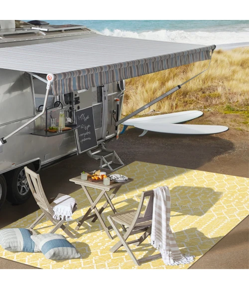 Ourika Moroccan Geometric Textured Weave Yellow/Cream 2 ft. x 10 ft. Indoor/Outdoor Runner Rug