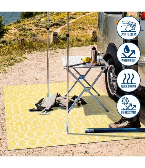 Ourika Moroccan Geometric Textured Weave Yellow/Cream 2 ft. x 10 ft. Indoor/Outdoor Runner Rug