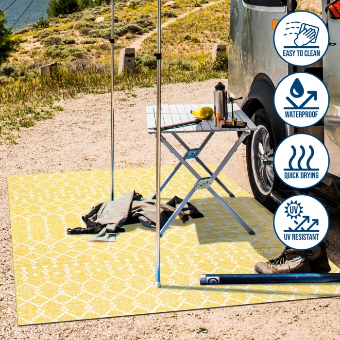 Ourika Moroccan Geometric Textured Weave Yellow/Cream 2 ft. x 8 ft. Indoor/Outdoor Runner Rug