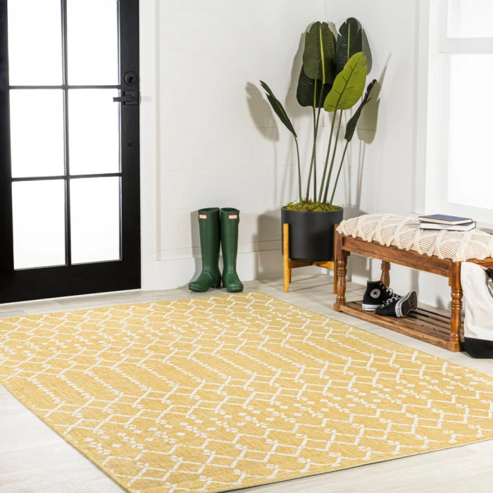 Ourika Moroccan Geometric Textured Weave Yellow/Cream 3 ft. x 5 ft. Indoor/Outdoor Area Rug