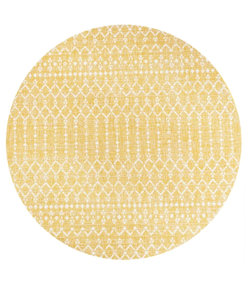 Ourika Moroccan Geometric Textured Weave Yellow/Cream 5' Round Indoor/Outdoor Area Rug