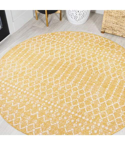 Ourika Moroccan Geometric Textured Weave Yellow/Cream 5' Round Indoor/Outdoor Area Rug