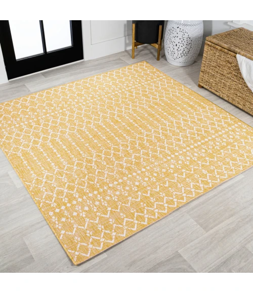 Ourika Moroccan Geometric Textured Weave Yellow/Cream 5' Square Indoor/Outdoor Area Rug