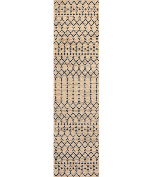 Ourika Moroccan Geometric Textured Weave Beige/Navy 2 ft. x 10 ft. Indoor/Outdoor Runner Rug
