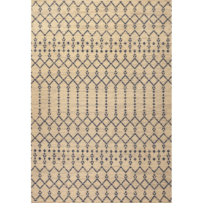 Ourika Moroccan Geometric Textured Weave Beige/Navy 3 ft. x 5 ft. Indoor/Outdoor Area Rug