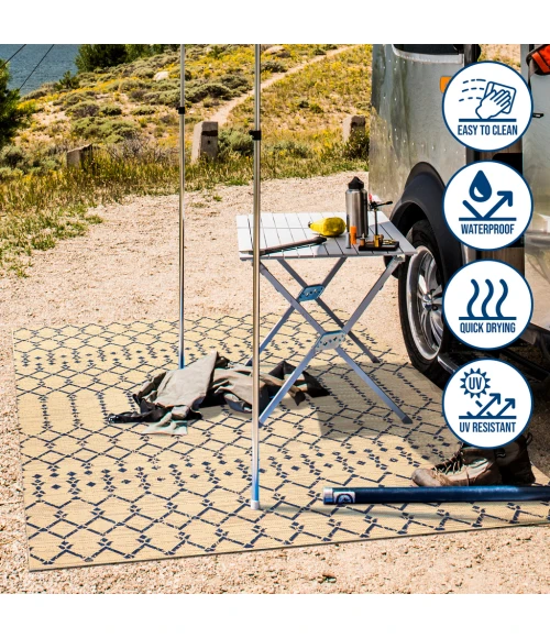 Ourika Moroccan Geometric Textured Weave Beige/Navy 2 ft. x 10 ft. Indoor/Outdoor Runner Rug