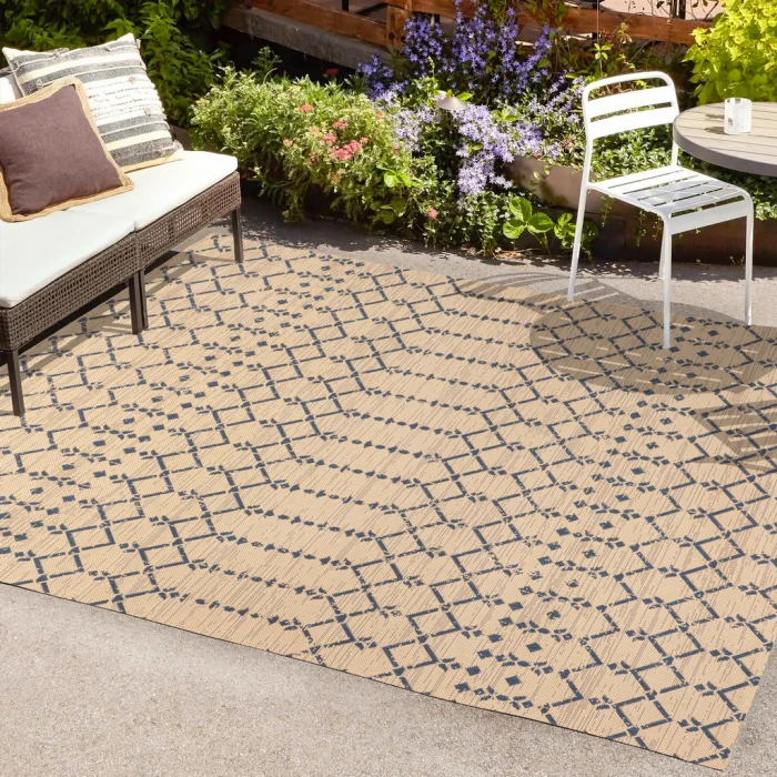Ourika Moroccan Geometric Textured Weave Beige/Navy 3 ft. x 5 ft. Indoor/Outdoor Area Rug