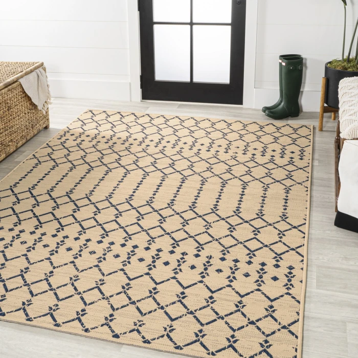 Ourika Moroccan Geometric Textured Weave Beige/Navy 3 ft. x 5 ft. Indoor/Outdoor Area Rug