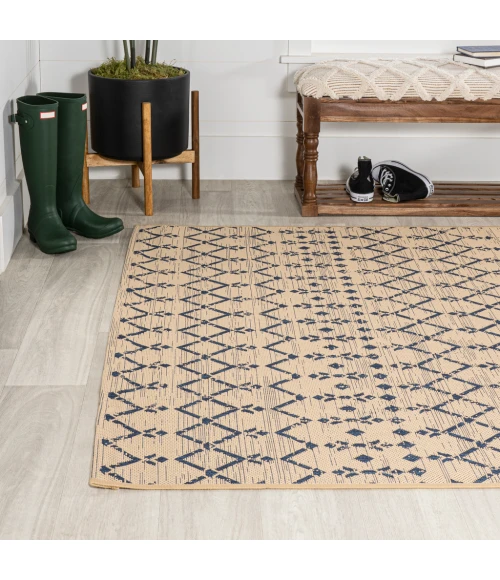 Ourika Moroccan Geometric Textured Weave Beige/Navy 8 ft. x 10 ft. Indoor/Outdoor Area Rug