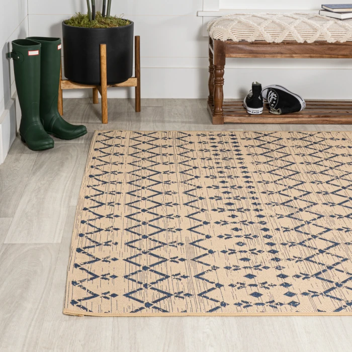 Ourika Moroccan Geometric Textured Weave Beige/Navy 3 ft. x 5 ft. Indoor/Outdoor Area Rug