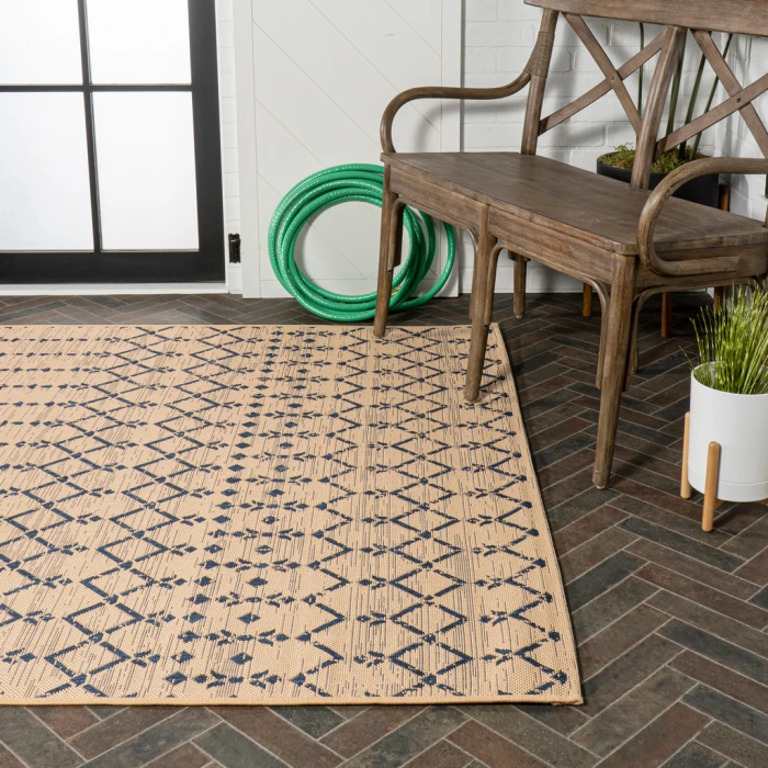 Ourika Moroccan Geometric Textured Weave Beige/Navy 3 ft. x 5 ft. Indoor/Outdoor Area Rug
