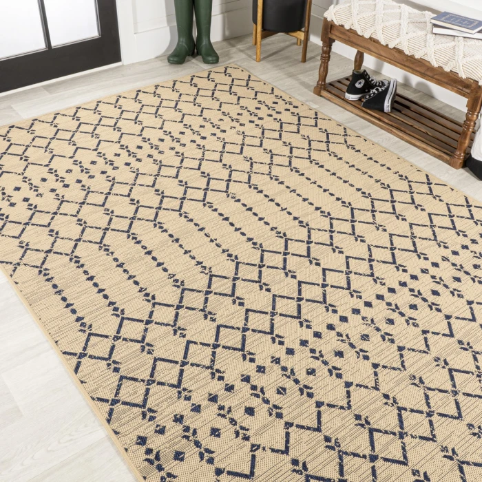 Ourika Moroccan Geometric Textured Weave Beige/Navy 3 ft. x 5 ft. Indoor/Outdoor Area Rug