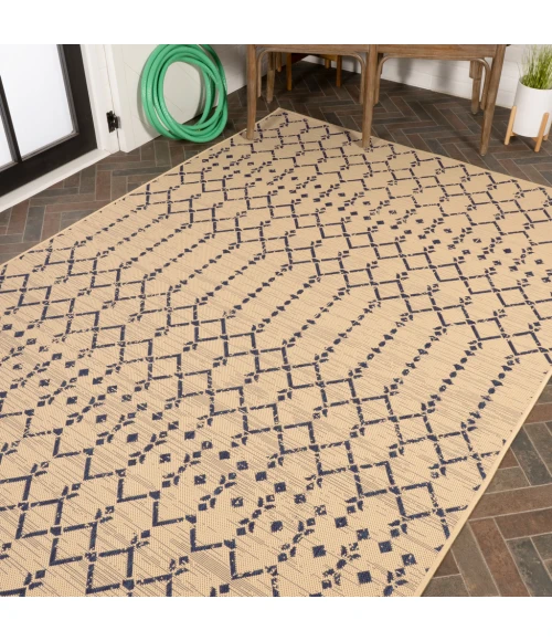 Ourika Moroccan Geometric Textured Weave Beige/Navy 8 ft. x 10 ft. Indoor/Outdoor Area Rug
