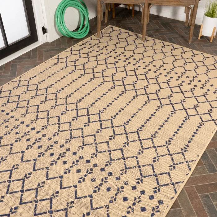 Ourika Moroccan Geometric Textured Weave Beige/Navy 3 ft. x 5 ft. Indoor/Outdoor Area Rug