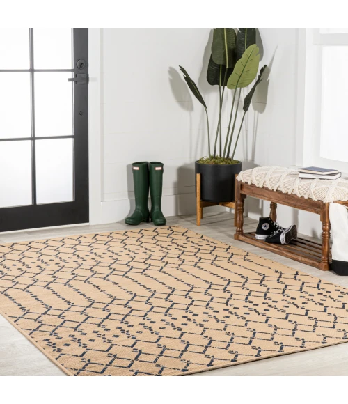 Ourika Moroccan Geometric Textured Weave Beige/Navy 8 ft. x 10 ft. Indoor/Outdoor Area Rug