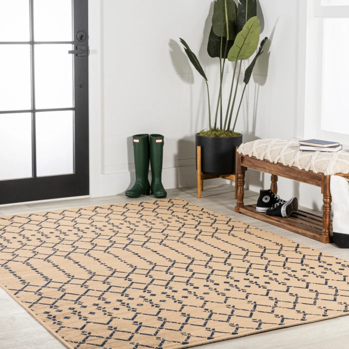 Ourika Moroccan Geometric Textured Weave Beige/Navy 3 ft. x 5 ft. Indoor/Outdoor Area Rug