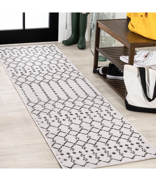 Ourika Moroccan Geometric Textured Weave Cream/Black 2 ft. x 10 ft. Indoor/Outdoor Runner Rug