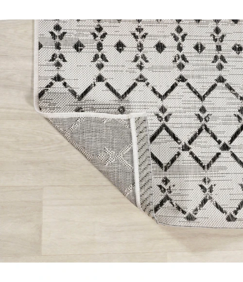 Ourika Moroccan Geometric Textured Weave Cream/Black 5' Square Indoor/Outdoor Area Rug