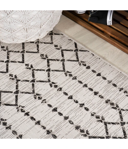 Ourika Moroccan Geometric Textured Weave Cream/Black 5' Square Indoor/Outdoor Area Rug