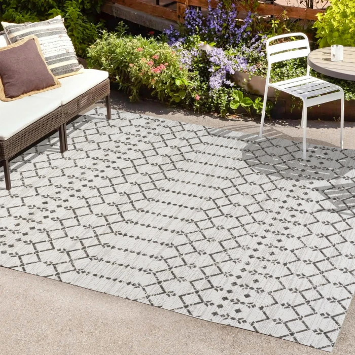 Ourika Moroccan Geometric Textured Weave Cream/Black 5 ft. x 8 ft. Indoor/Outdoor Area Rug