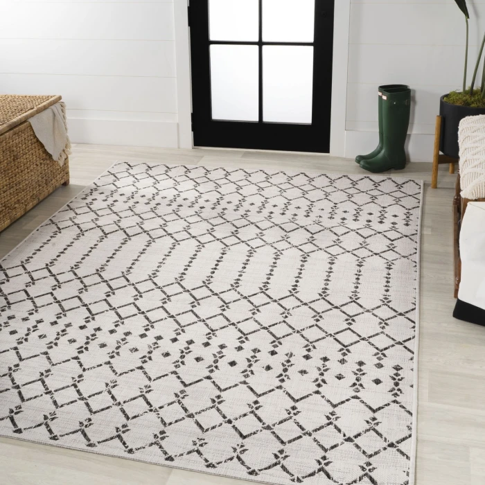 Ourika Moroccan Geometric Textured Weave Cream/Black 5 ft. x 8 ft. Indoor/Outdoor Area Rug