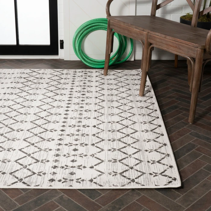 Ourika Moroccan Geometric Textured Weave Cream/Black 5 ft. x 8 ft. Indoor/Outdoor Area Rug