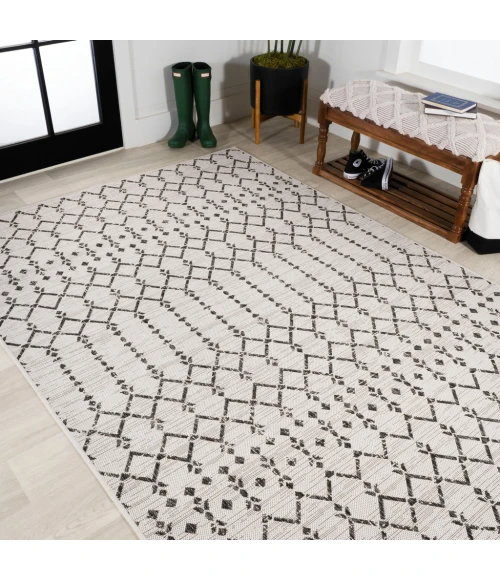 Ourika Moroccan Geometric Textured Weave Cream/Black 9 ft. x 12 ft. Indoor/Outdoor Area Rug