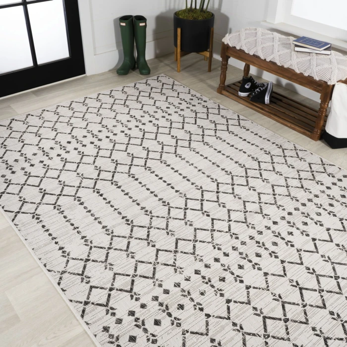 Ourika Moroccan Geometric Textured Weave Cream/Black 5 ft. x 8 ft. Indoor/Outdoor Area Rug