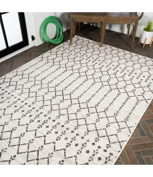 Ourika Moroccan Geometric Textured Weave Cream/Black 9 ft. x 12 ft. Indoor/Outdoor Area Rug