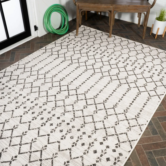 Ourika Moroccan Geometric Textured Weave Cream/Black 5 ft. x 8 ft. Indoor/Outdoor Area Rug