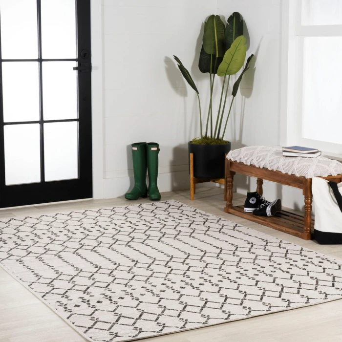 Ourika Moroccan Geometric Textured Weave Cream/Black 5 ft. x 8 ft. Indoor/Outdoor Area Rug
