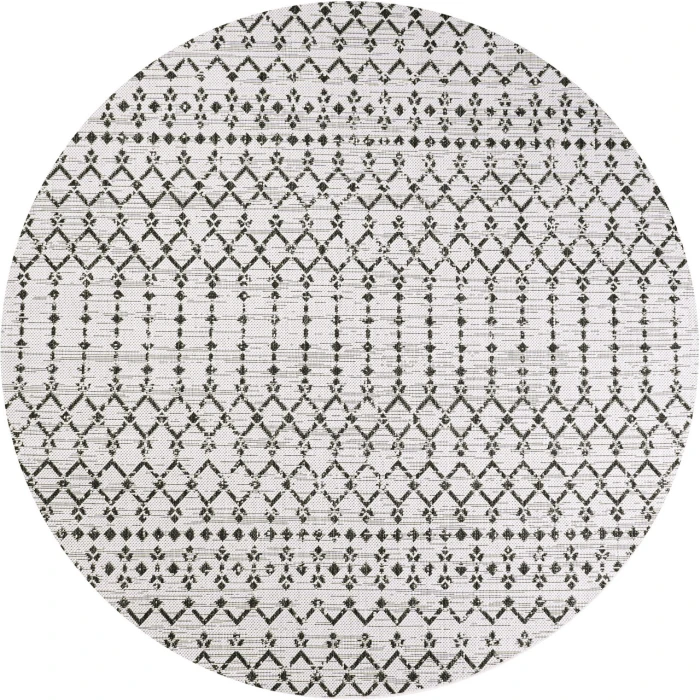 Ourika Moroccan Geometric Textured Weave Cream/Black 5' Round Indoor/Outdoor Area Rug