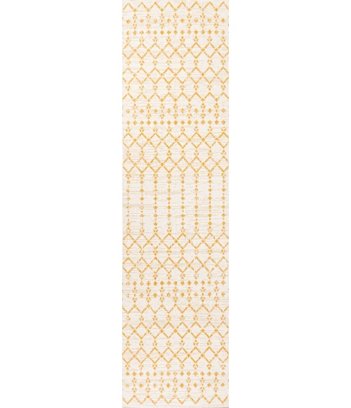 Ourika Moroccan Geometric Textured Weave Cream/Yellow 2 ft. x 10 ft. Indoor/Outdoor Runner Rug
