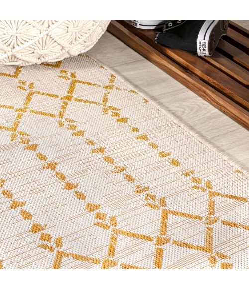 Ourika Moroccan Geometric Textured Weave Cream/Yellow 5' Square Indoor/Outdoor Area Rug