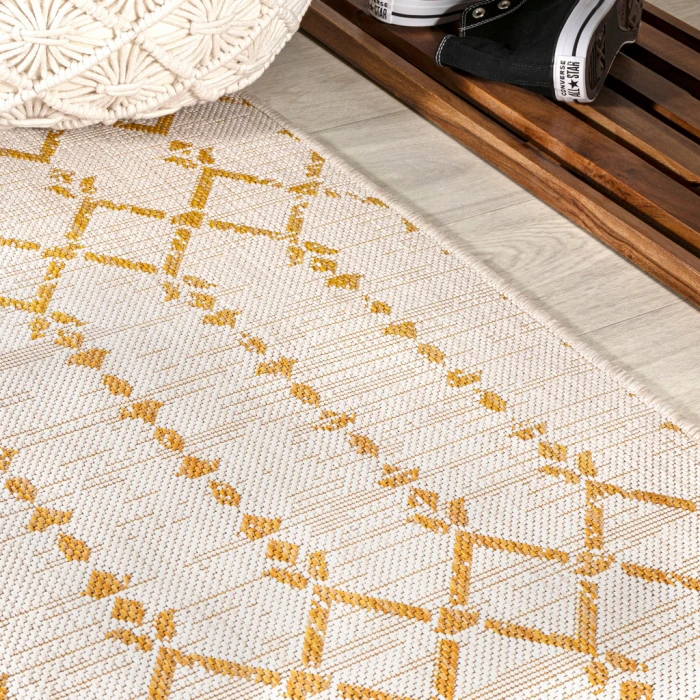 Ourika Moroccan Geometric Textured Weave Cream/Yellow 5' Square Indoor/Outdoor Area Rug