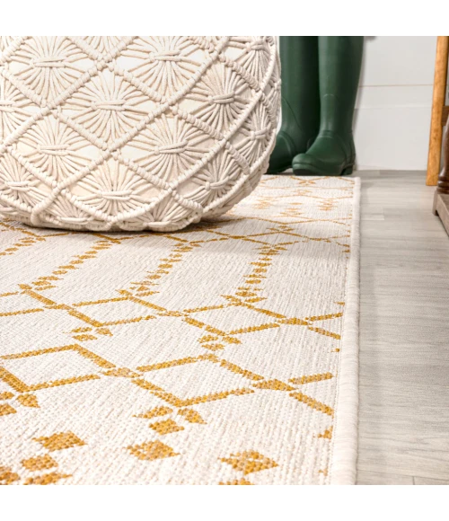 Ourika Moroccan Geometric Textured Weave Cream/Yellow 5' Square Indoor/Outdoor Area Rug